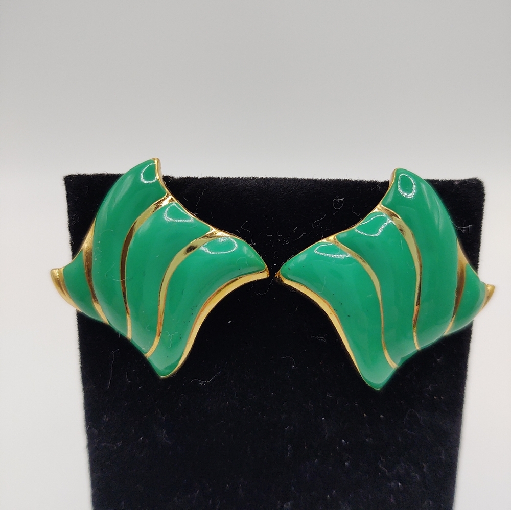 Vintage Green Enameled Earrings Gold Tone Costume
